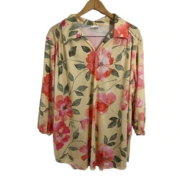 Roamans Floral Blouse 1X Watercolor Floral Yellow Pink Orange Collared Pullover - Picture 1 of 7